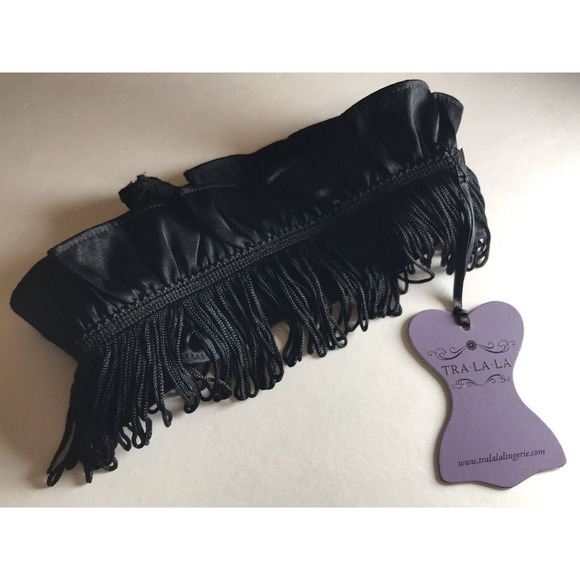 TRA LA LA Silk Leg Garter Band XS, Black Ruffle with Tassels, Sexy Lingerie - Picture 1 of 11